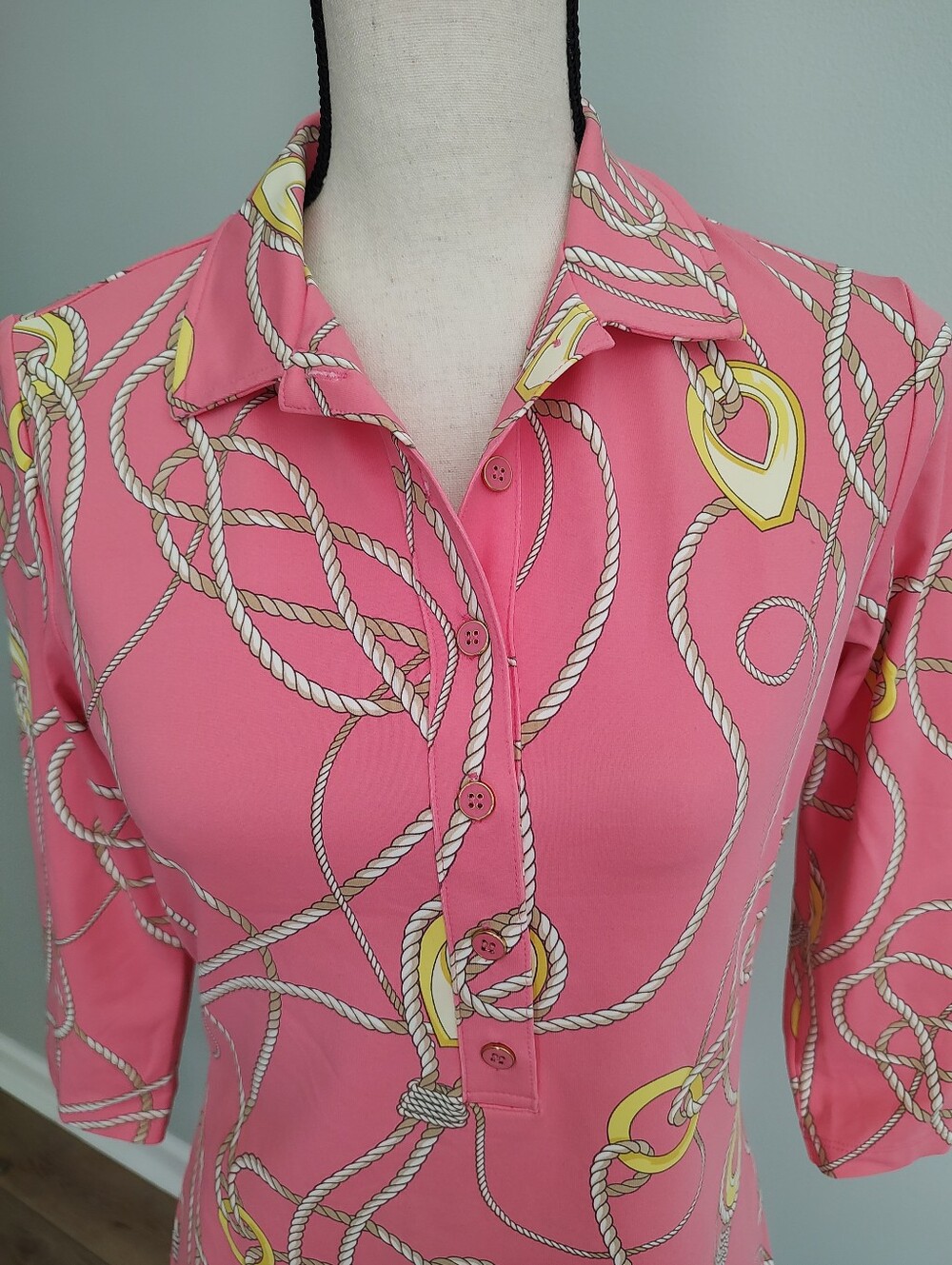 J. McLaughlin Catalina Cloth Pink Nautical Rope 3/4 Sleeve Button Collar Top S - Picture 3 of 7
